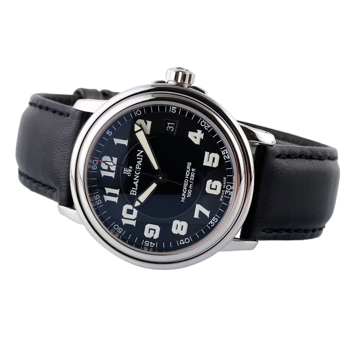 Hundred Hours Black Dial in Steel on Black Leather Strap