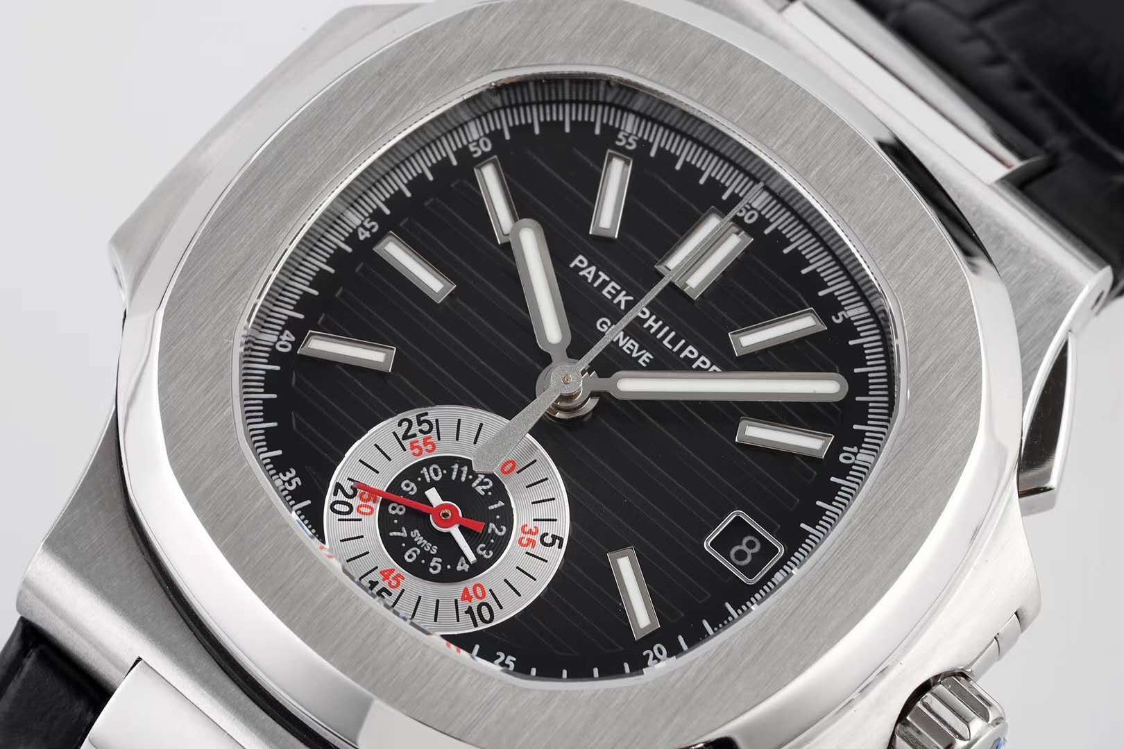 Nautilus 5980/1A-014 Black Dial in Steel on Leather Strap