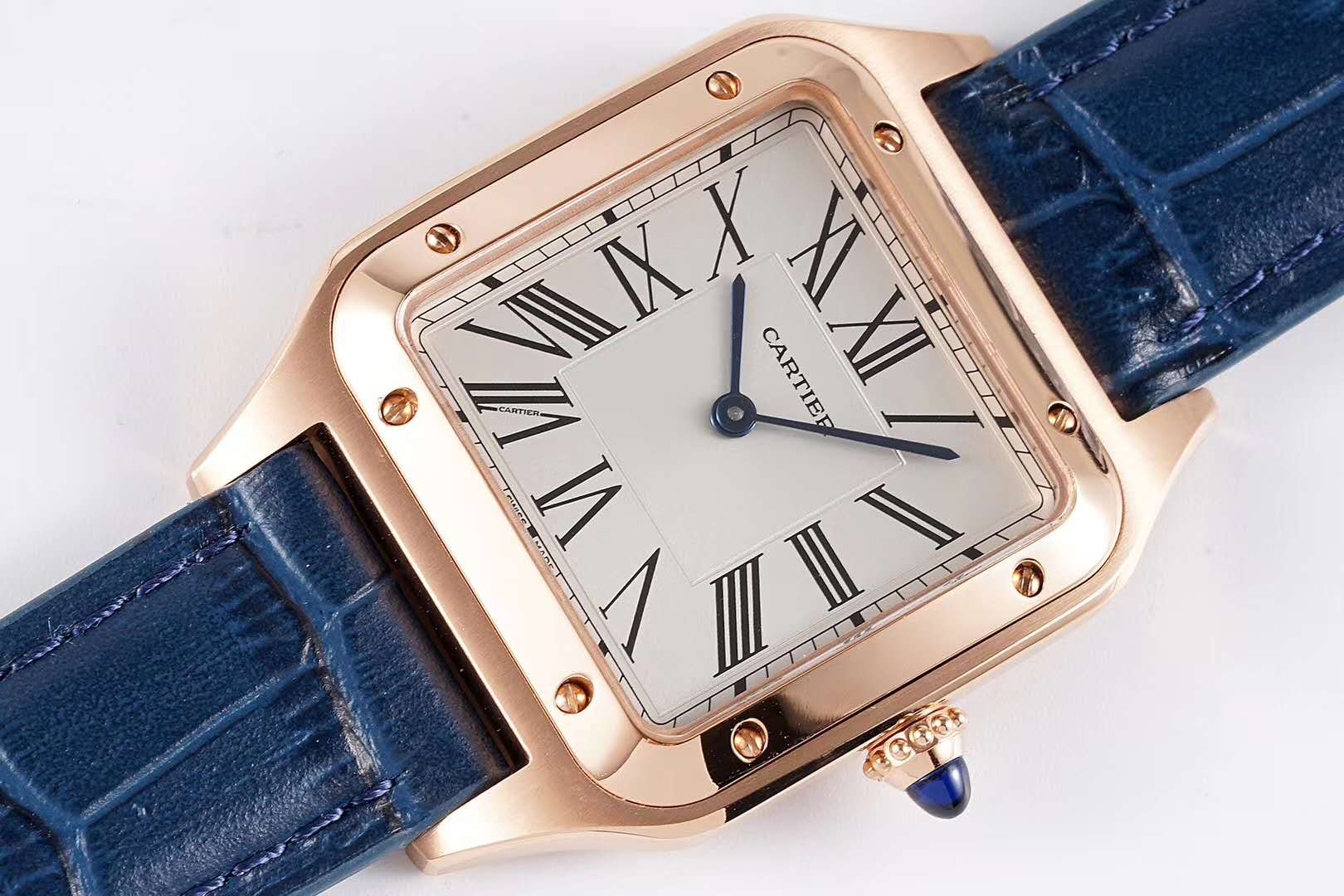 Santos-Dumont White Dial in Rose Gold on Blue Leather Strap