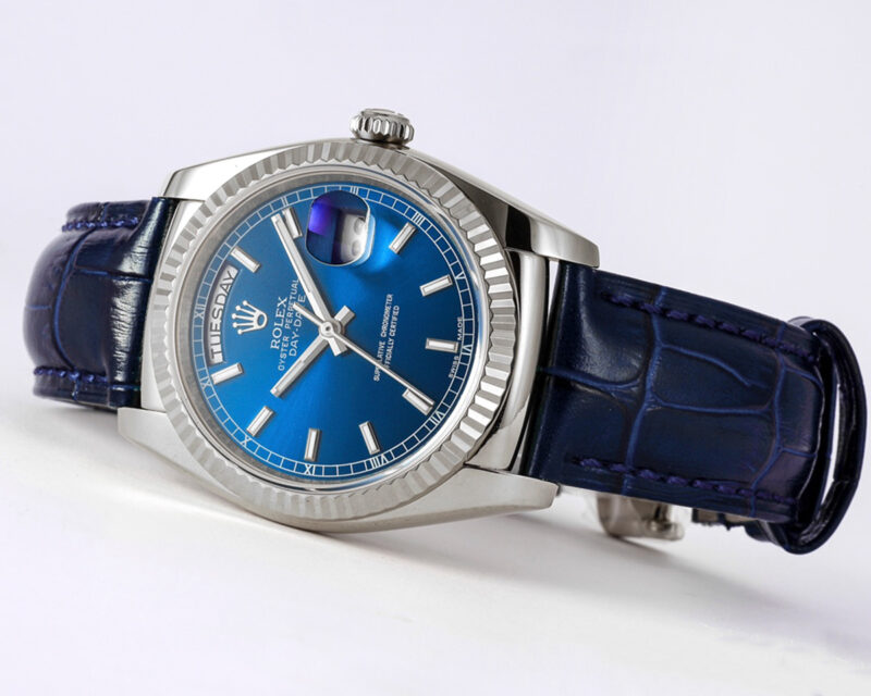 Day-Date 40 Blue Dial in White Gold on Leather Strap