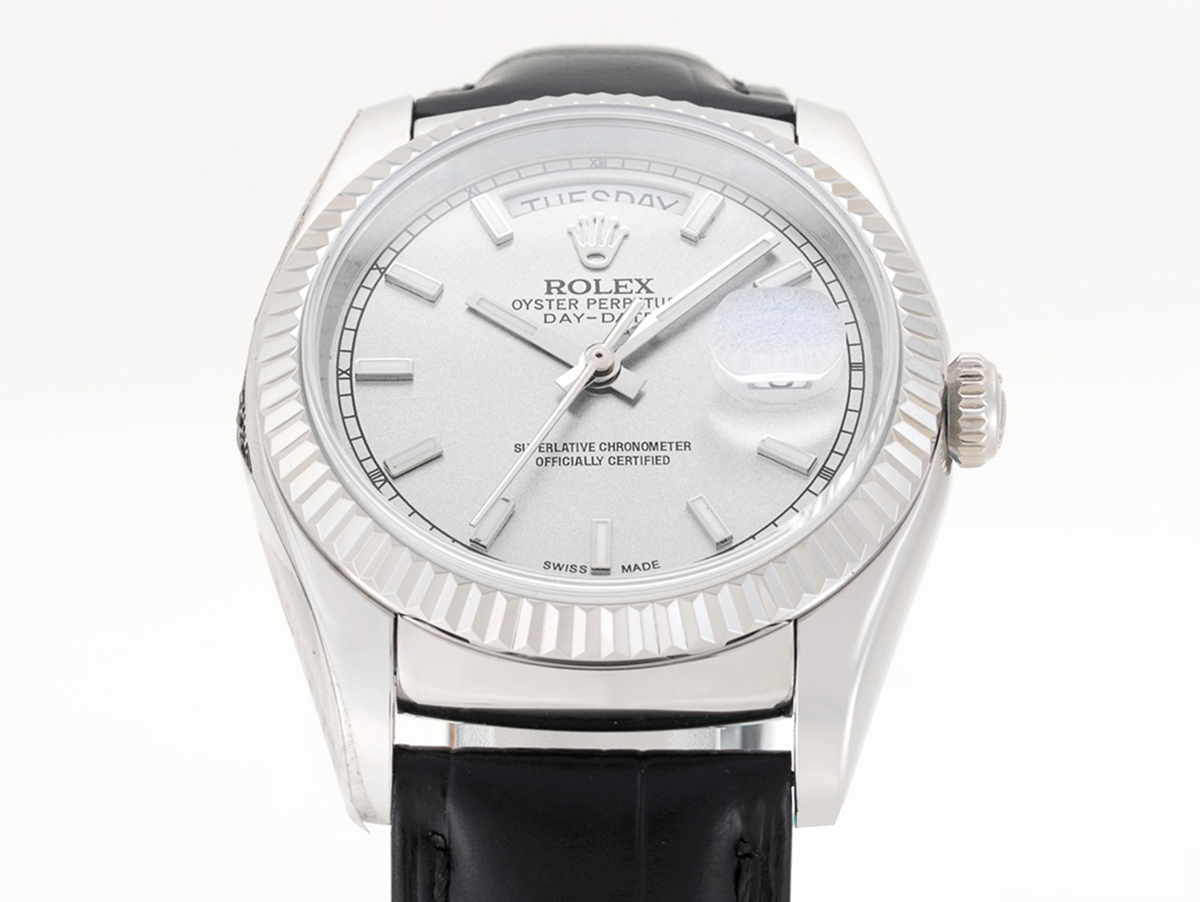 Day-Date 40 Silver Dial in White Gold on Leather Strap