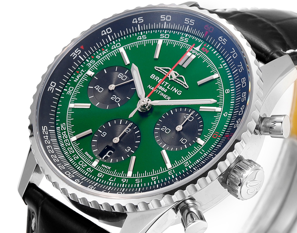 Navitimer B01 Chronograph 43 Dark Green Dial in Steel on Leather Strap