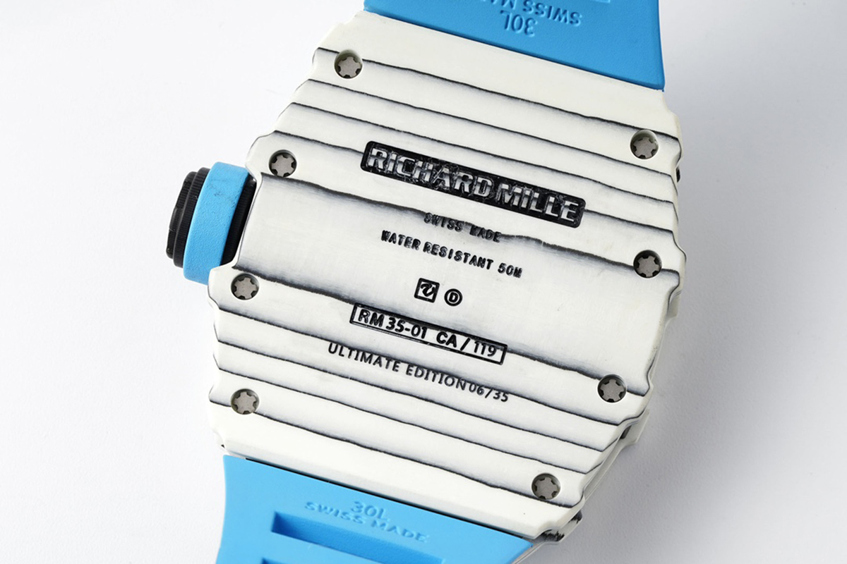 RM 035-01 Rafael Nadal White NTPT on Blue Rubber Strap (Sonic)